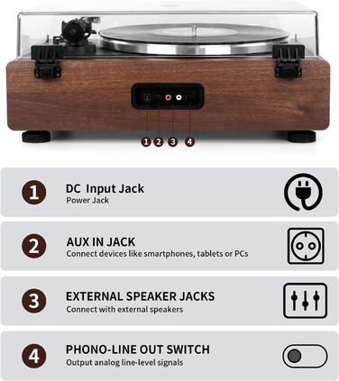 Bluetooth програвач вінілу з вбудованим динаміком, HiFi вініловий програвач з пасовим приводом, магнітною головкою AT-3600L, AUX (RCA), 2 швидкості