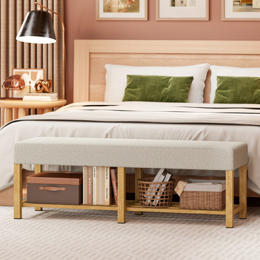 Взуттєва шафа 140 см з масиву дерева, сучасна шафа для передпокою з м'яким сидінням на двох осіб, натуральне дерево та кремово-білий колір