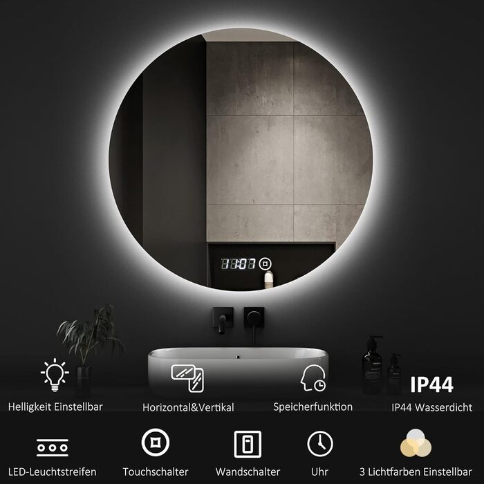 Дзеркало для ванної кімнати з підсвічуванням та годинником Boromal, 50x70 см, диммер, 3 кольори світла (3000-6500K), 2470LM