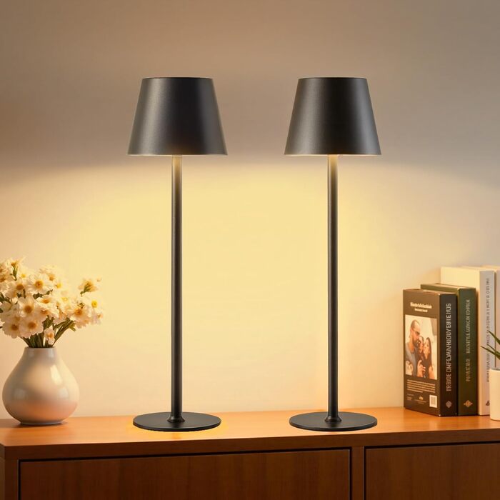 LED настільна лампа Bonsery (2 шт.) з акумулятором 5200mAh, регульована яскравість, 3 кольори світла, металева, вологостійка, 2 висоти (24/37,5 см), для дому, бару, кемпінгу, чорна