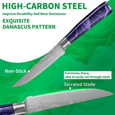 Набір кухонних ножів Fullhi 14 предметів з бруском та чохлом, набір кухонних ножів для приготування стейків, кольорова ручка (фіолетовий смоляний)