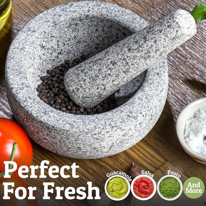Набір ступки та пестика Priority Chef Heavy Duty, великий розмір (4 чашки), ручна робота з натурального граніту. Ідеально для приготування гуакамоле, сальси, песто. Сірий колір.