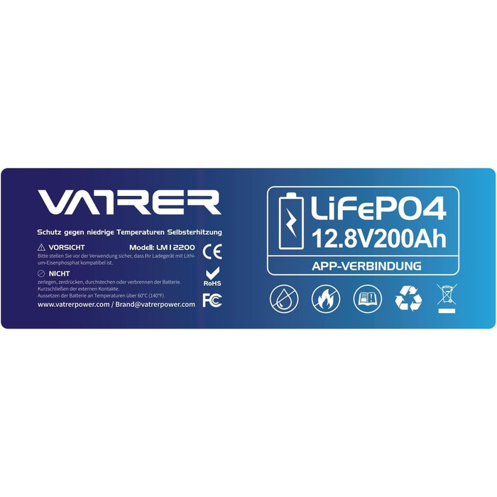 Літієва батарея VATRER POWER LiFePO4 12V 100AH з низькотемпературним відключенням і літієвою батареєю глибокого циклу 100A BMS 5000 1280 Вт для автофургонів, кемпінгу, човнів, сонячних домашніх систем (12V200Ah з самонагріванням)