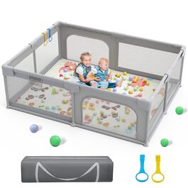 Великий манеж для дітей Palopalo 180x150 см, темно-сірий, з дихаючою сіткою, 2 дверима на блискавці, зносостійка тканина Oxford 300D, для немовлят і малюків