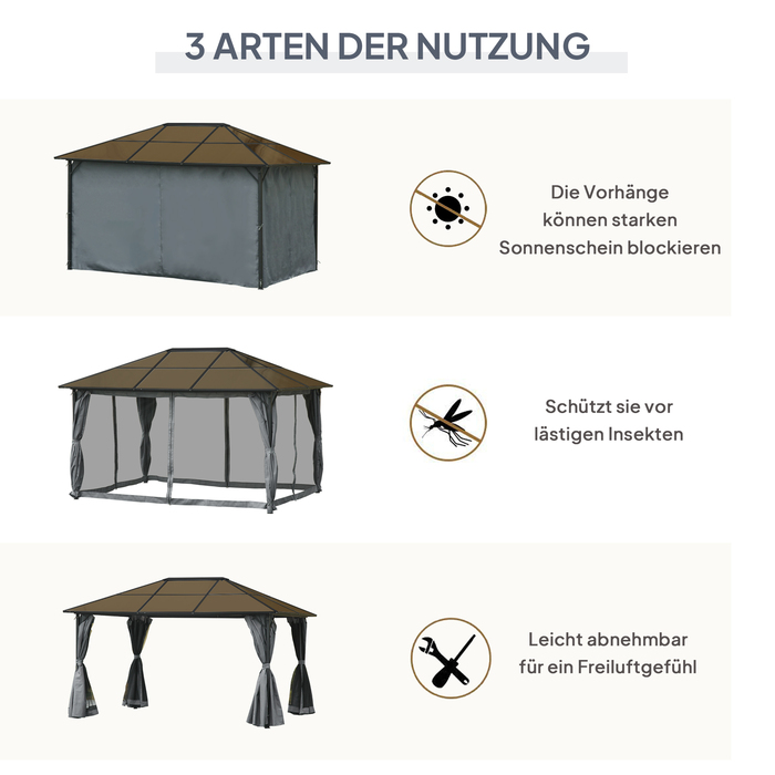 Намет для вечірок Outsunny Gazebo 4x3 м з бічними панелями та сітчастими бортами, дах ПК з алюмінію темно-сірого кольору