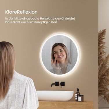 Дзеркало для ванної кімнати EMKE з підсвічуванням, 50 см, кругле, з регулюванням яскравості, 3 кольори світла, антизапарник, сенсорне управління, пам'ять налаштувань, матовий край, 50x50 см