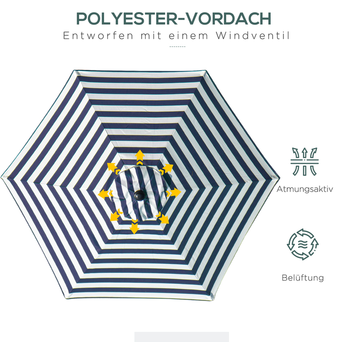 Сонячний парасоль для саду та тераси, сталевий каркас, блакитний смугастий дизайн, діаметр 230 см, висота 216 см
