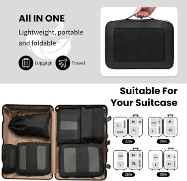 Набір компресійних органайзерів для подорожей з сіткою, розширювані пакувальні куби для одягу в валізу, чорний, 6 шт.