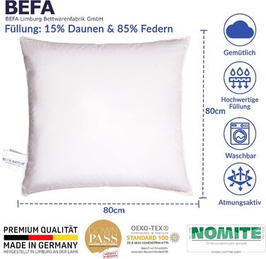 Подушка BEFA NATUR Made in Germany 40х80 см з 15 пухом і 85 пір'ям 1 класу, біла, вага наповнювача 600г. Підходить для алергіків (номіт), Downpass (2 шт. и) (80 х 80 см (2 шт. и))