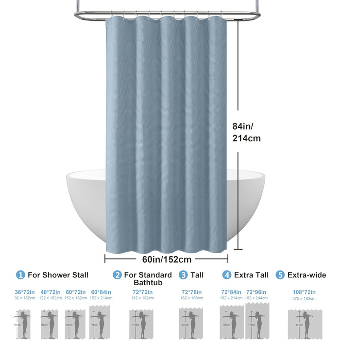 Штора для душу з льону з металевими кільцями, сіра, 182x214 см (Waffel - Mondlichtblau, H214 x B152 см)