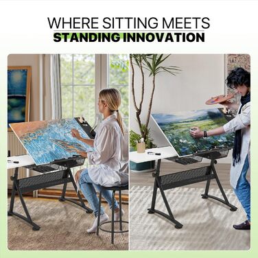 Набір мольбертів Magshion: регульований стіл для художника з нахиленою дерев'яною стільницею, стілець та 2 висувними ящиками для зберігання. Підходить для дому, офісу та школи (білий/чорний)