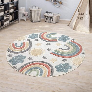 Домашній вуличний килим для дитячої кімнати TT, дитячий килимок для ігор, Райдужний кремовий дизайн, розмір (діаметр 120 см круглий)