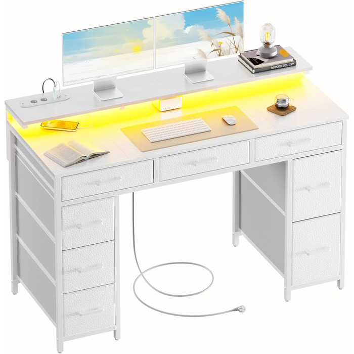 Комп'ютерний стіл з 8 висувними ящиками, 2 розетками та USB-портами, LED-підсвічуванням та підставкою для монітора, 120 x 50 x 74 см, білий