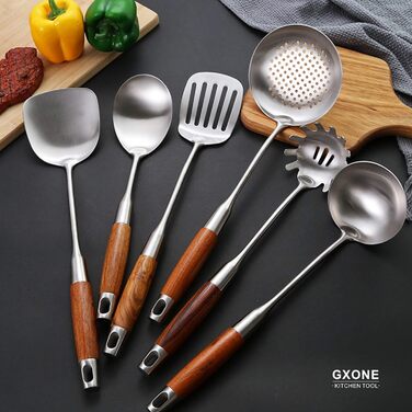 Набір кухонних аксесуарів GXONE, 7 предметів, нержавіюча сталь 304, з підставкою, стійкий до нагрівання дерев'яний ручка