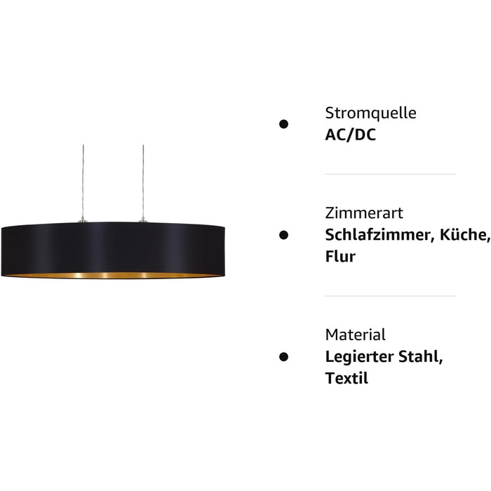 Підвісний світильник EGLO Maserlo, текстильний підвісний світильник на 2 полум'я, овальний підвісний світильник зі сталі та тканини, колір матовий нікель, чорний, золотий, цоколь E27, L 100 см Підвісний світильник, довжина 1 000 мм