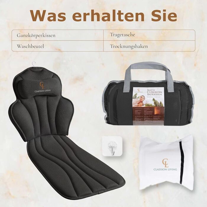 Подушка для ванни повномірна (152x56 см) з підголівником (11 см) чорного кольору – підтримка шиї, спини та ніг. Зі сумкою для прання та подорожей, гачком для сушіння.