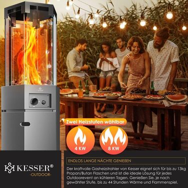 Газовий обігрівач KESSER® 4/8 кВт з П'єзозапалюванням, регулятором тиску газу та захисним кожухом. 360° обертання, захист від перекидання. Підходить для тераси, вулиці. Колір: антрацит.