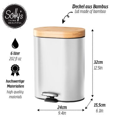 Косметичне відро Sollys об'ємом 3 л з бамбуковою кришкою, педальне відро з автоматичним опусканням для ванної (біле, 6 літрів)