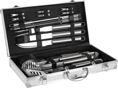 Набір аксесуарів для гриля Mastercook: сталевий кейс з щипцями, виделкою, шпателем та щіткою