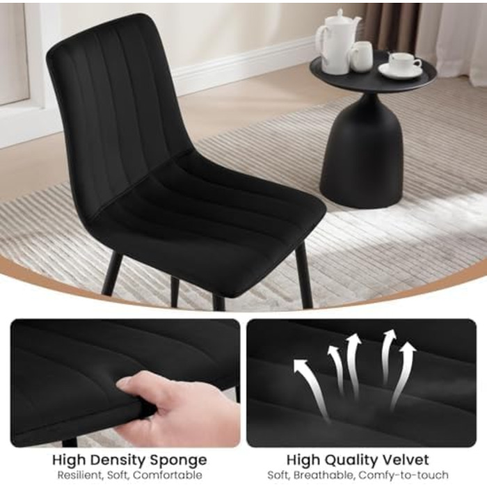 Обідні стільці для вітальні, кухні та спальні. М'які стільці з підлокітниками та металевими ніжками, оксамитова сидіння (Чорний, набір 6 шт.)