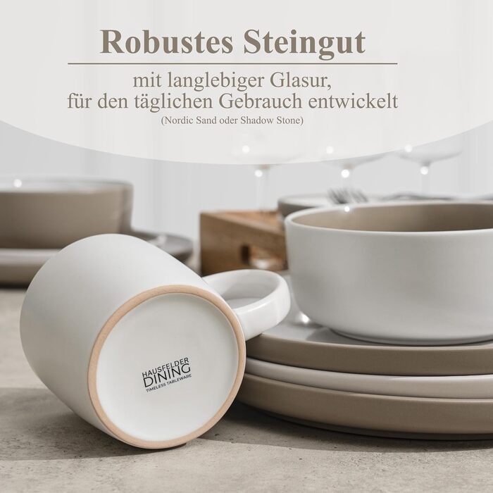 Набір посуду Hausfelder для 8 осіб (32 елементи) – сервіз з тарілок, мисок та чашок, кераміка, бежевий (Nordic Sand), стійкий до миття в посудомийній машині