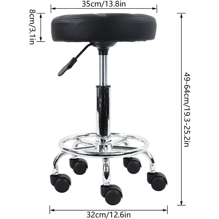 Стілець на коліщатках KKTON робочий стілець барний стілець регульований по висоті 49-64 см поворотний зі штучної шкіри чорного кольору