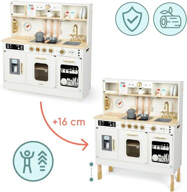Дерев'яна дитяча кухня Mamabrum з LED-підсвічуванням - ігровий набір кухонь з регульованою висотою, з приготуванням кубиків льоду, мікрохвильовою піччю, плитою та посудомийною машиною. Іграшка для дітей від 3 років