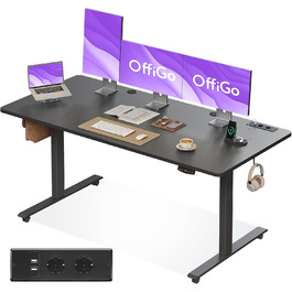 Електричний стіл OffiGo, 160x70 см: регулювання висоти, 2 пам'яті, з розетками та USB, для офісу та дому, чорний