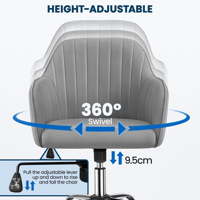 Крісло Yaheetech для дому та офісу: обертове, регульоване по висоті, з м'якою оксамитовою оббивкою, до 136 кг, сірий колір