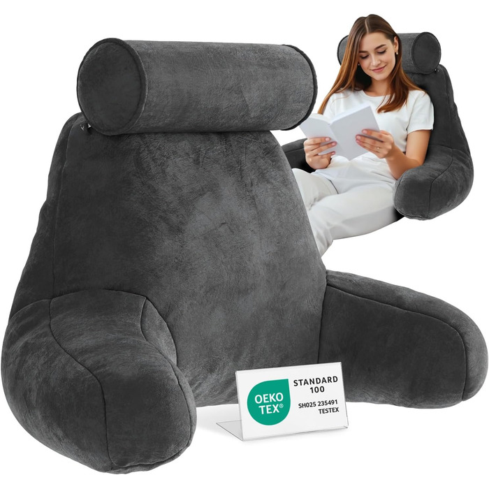 Подушка для спини ELONEO з підлокітниками – для ліжка та дивана. Зробить підтримку спини, голови та шиї більш комфортною (з роликом для шиї)