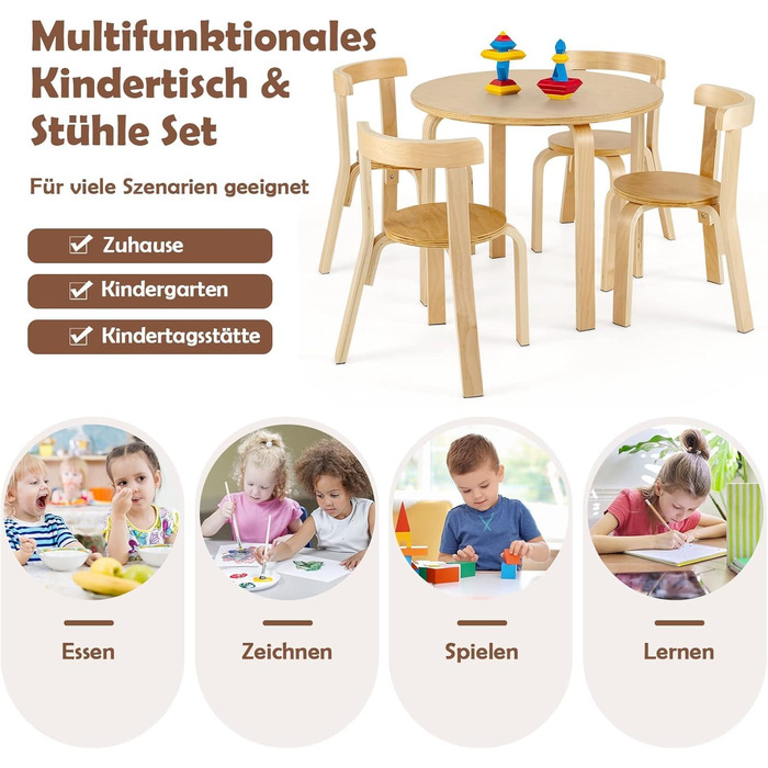 Дитячий столик та 4 стільчики DREAMADE з масиву дерева, дитячий меблевий набір для дівчаток та хлопчиків (натуральне дерево)