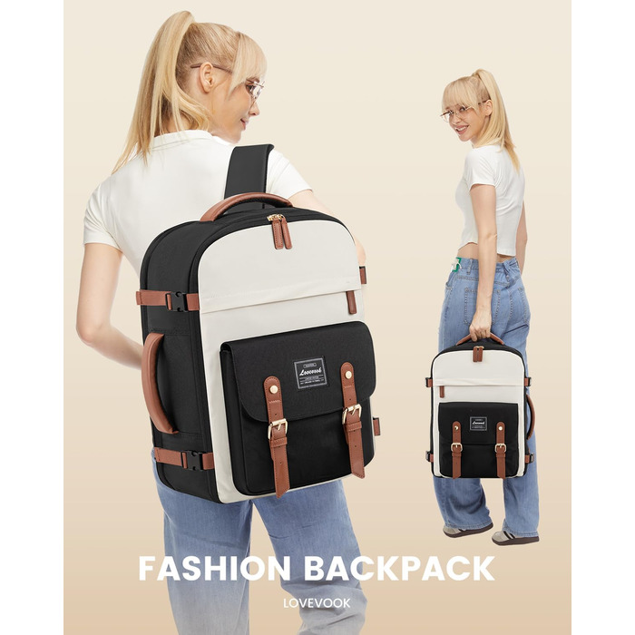LOVEVOOK Рюкзак для ручної поклажі, жіночий рюкзак для подорожей, водонепроникний рюкзак для ноутбука 17 дюймів, шкільний рюкзак для жінок/студенток, чорний, коричневий (45x32x15 см)