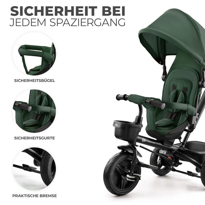 Триколісний велосипед Kinderkraft AVEO для дітей від 9 місяців до 25 кг, з батьківською ручкою, компактно складається, обертовий сидіння, розкладний козирок з захистом від сонця, тримач для напоїв, кошик в комплекті, зелений