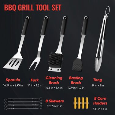 Набір гриль-посуду Profi з нержавіючої сталі: аксесуари для гриля, інструменти для приготування їжі на грилі та барбекю. Чудовий подарунок для чоловіків та жінок. Чорний колір.