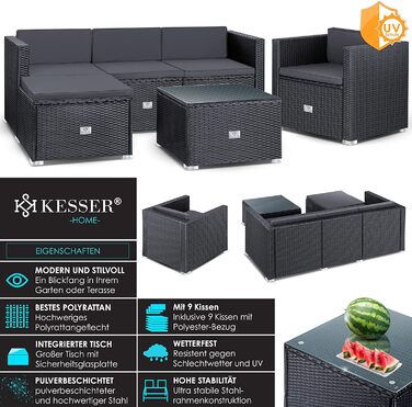 КЕССЕР® Lounge Aruba з ротангу - садовий лаунж для 4-5 осіб. Комплект садово-розсудних меблів: 3-місне софа, крісло, пуф, журнальний столик з подушками для саду, тераси та балкону, антрацит.