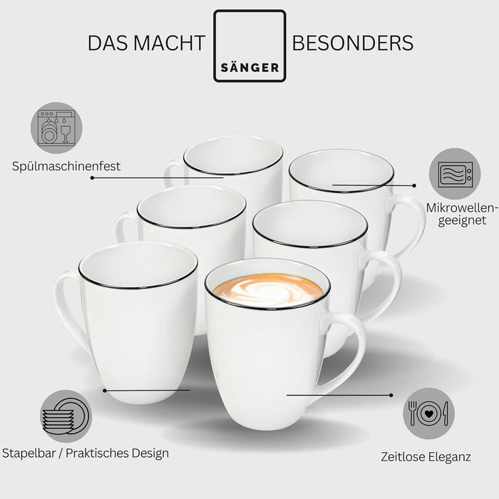 Набір кавових чашок SÄNGER 12 шт. з блюдцем, 6 персон, порцеляна, білий з чорними акцентами, 200 мл, PREMIUM COLLECTION (Marlo Black Rim)