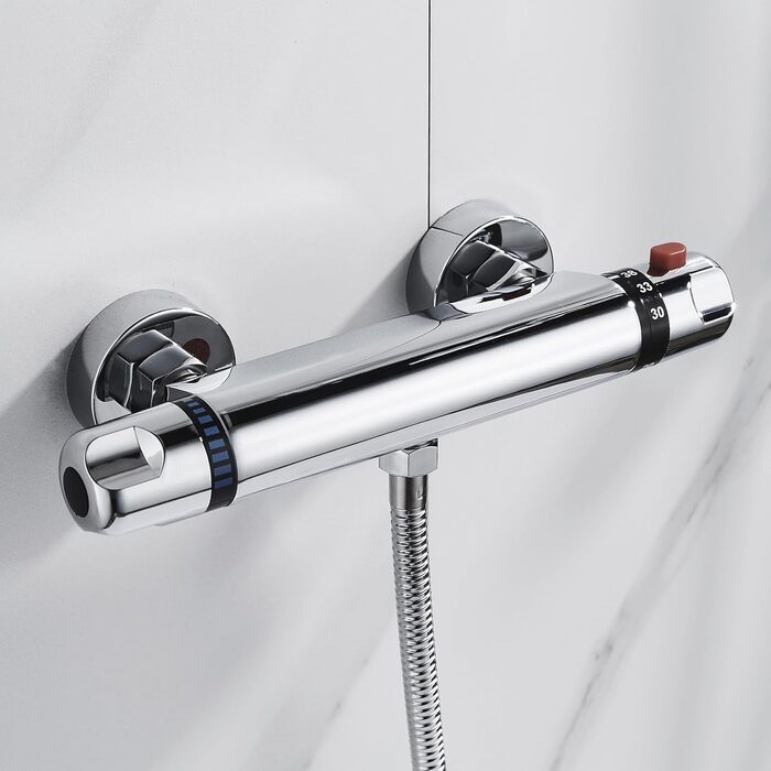 Змішувач для ванни з термостатом, накладний, хром, латунь, з кнопкою безпеки 38°C, для ванни, душ