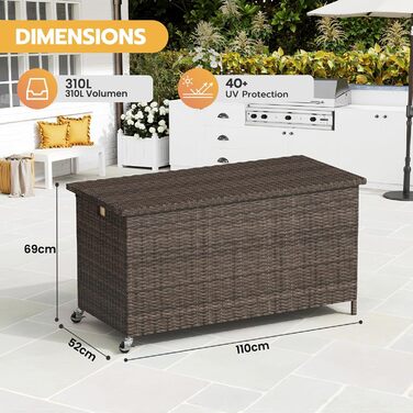 Водонепроникний ящик для зберігання Gartenbox з коліщатками 310л, коричневий 138x61 см для саду та балкону