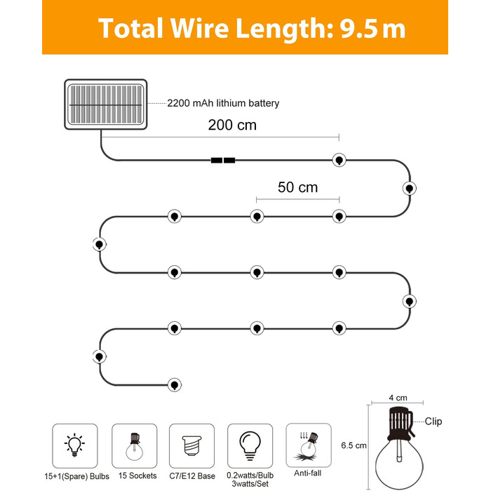 Вулична гірлянда на сонячній батареї, Світлодіодна лампа Litogo 9.3 M G40 15 1 Світлодіодна Вулична водонепроникна 4 режими Сонячна лампа на сонячній батареї для саду