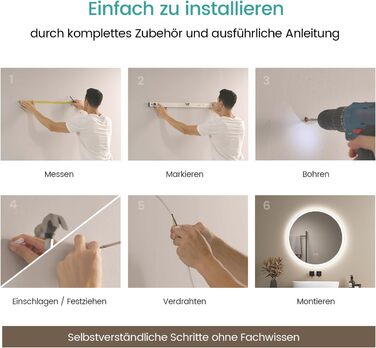 Дзеркало для ванної кімнати EMKE з підсвічуванням, 50 см, кругле, з регулюванням яскравості, 3 кольори світла, антизапарник, сенсорне управління, пам'ять налаштувань, матовий край, 50x50 см