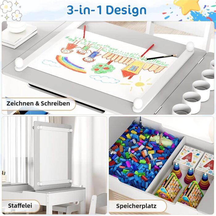 Дитячий стіл зі стільцями, дерев'яний набір, дитяча група сидінь з місцем для зберігання, стіл для малювання з рулоном паперу, стіл для малювання та рукоділля для дітей від 3 років (Сірий)