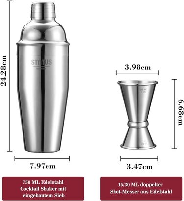 Набір шейкерів для коктейлів, нержавіюча сталь, 750мл, 5 шт. ситечко, мірний стакан, барна ложка, товкач, міксер (2 шт. )