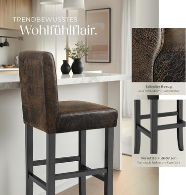 Набір з 2 барних стільців tectake® з підлокітником, античний коричневий, з масиву дерева та штучної шкіри, 107 см