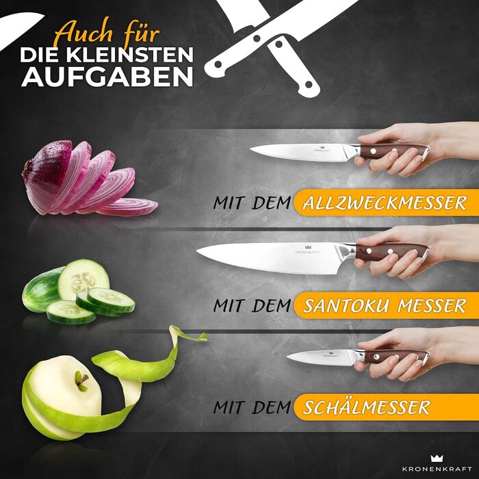 Набір кухонних ножів Kronenkraft 9-ти частинний з підставкою: 6 ножів, куряча ножиця та точилка. Матеріал ручки: Pakkaholz. Включає саторі, ніж кухаря, хлібний ніж.