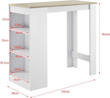 Барний стіл Kouvola з 3 полицями 110x50x103 см - білий/декоративне дерево для кухні, вітальні, їдальні