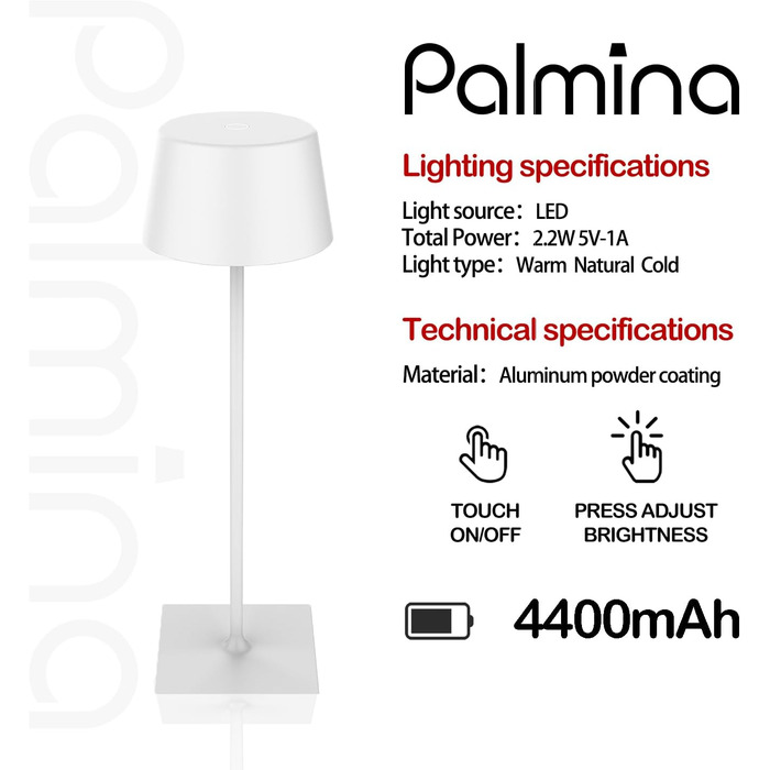 LED настільна лампа Palmina 842 з димуванням, акумулятор 4400mAh, IP54, для дому та саду, 1 шт. (білий)