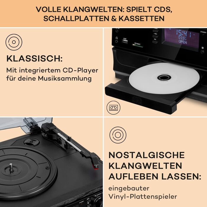 Вініловий програвач Auna з Bluetooth, USB, CD, DAB-радіо, динаміками, ретро-дизайн