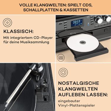 Програвач вінілу Auna з Bluetooth, USB, CD, DAB-радіо, вбудованими динаміками, ретро-дизайн, чорний
