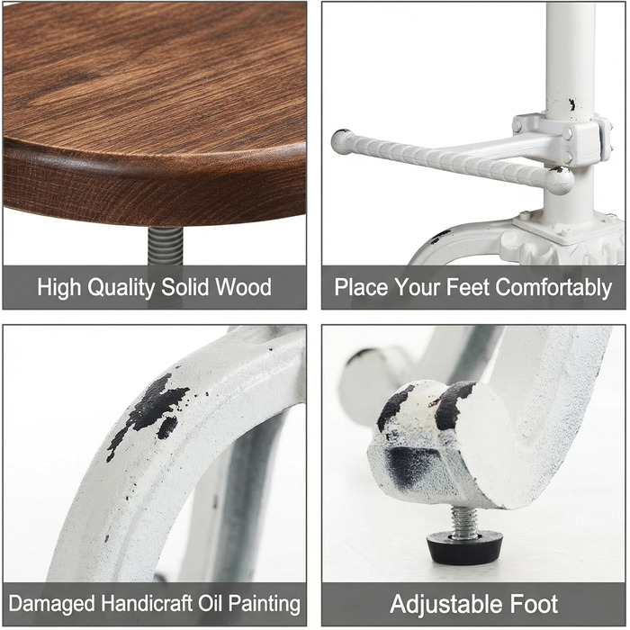 Табурет-стілець у стилі ретро/вінтаж від Topower: дерев'яний, поворотний, регульована висота, для кухні (античний білий)