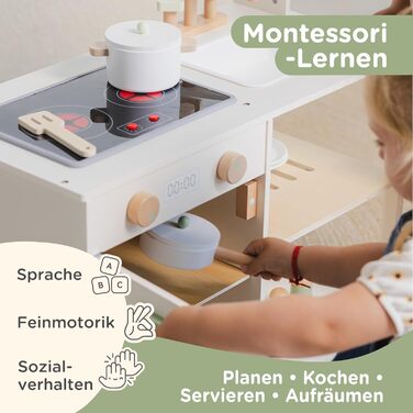 Дерев'яна дитяча кухня Nene Toys – іграшковий кухонний набір з підсвіткою та звуком, мийка, кран, мікрохвильова піч, духовка, полиці, гачки + аксесуари – іграшка Монтессорі від 3 років – подарунок для дівчаток та хлопчиків